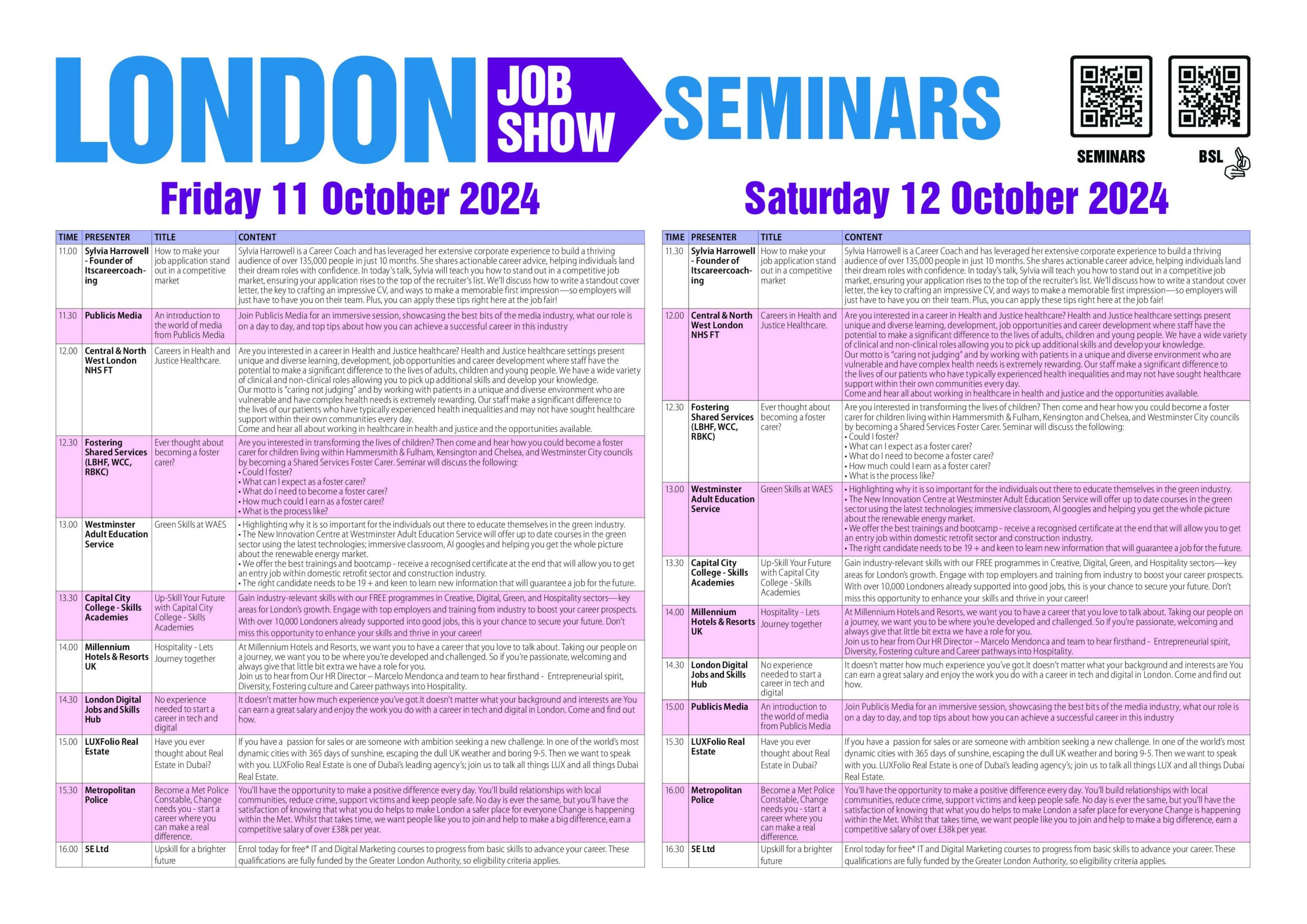 London Job Show | Seminar Timetable